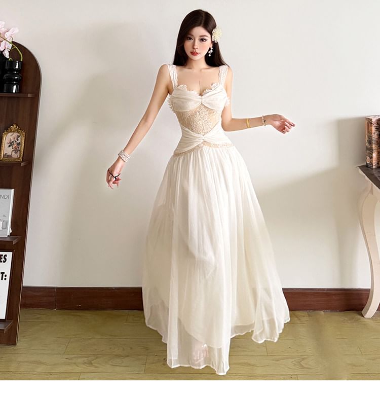 Sleeveless V-Neck Lace Maxi A-Line Dress