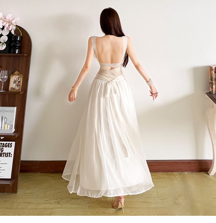 Sleeveless V-Neck Lace Maxi A-Line Dress