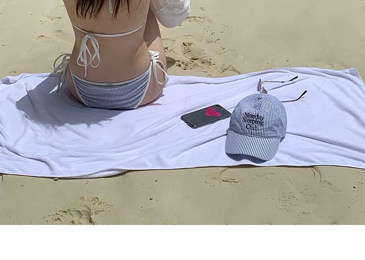 Set: Halter Striped Bikini Top + Tie Side Bottom + Long Sleeve Henley Plain T-Shirt