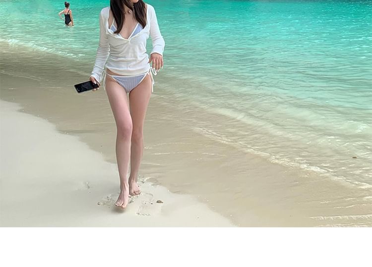 Set: Halter Striped Bikini Top + Tie Side Bottom + Long Sleeve Henley Plain T-Shirt