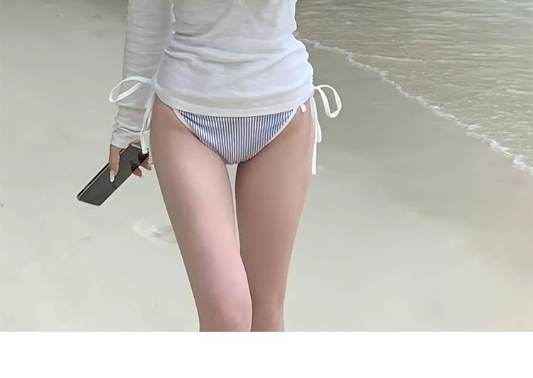 Set: Halter Striped Bikini Top + Tie Side Bottom + Long Sleeve Henley Plain T-Shirt
