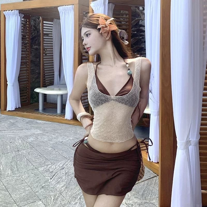 Set: Halter-Neck Plain Bead Bikini + Drawstring Cover-Up Skirt + Cover-Up Top