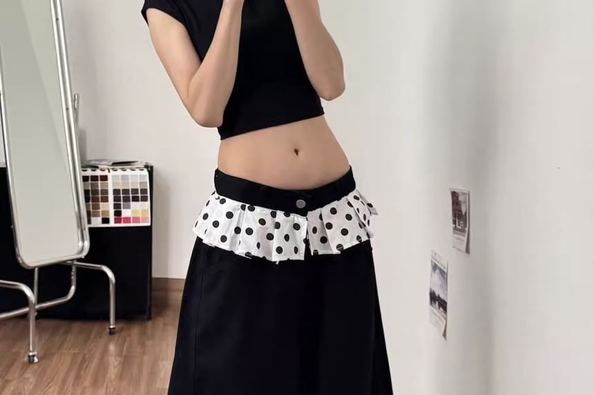 Low Rise Polka Dot Skirt Overlay Barrel Leg Baggy Jeans