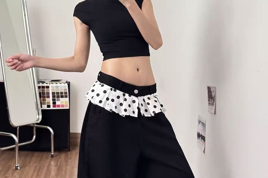 Low Rise Polka Dot Skirt Overlay Barrel Leg Baggy Jeans