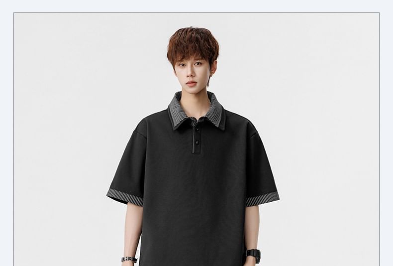 Mock Two-Piece Elbow-Sleeve Striped Panel Polo Shirt