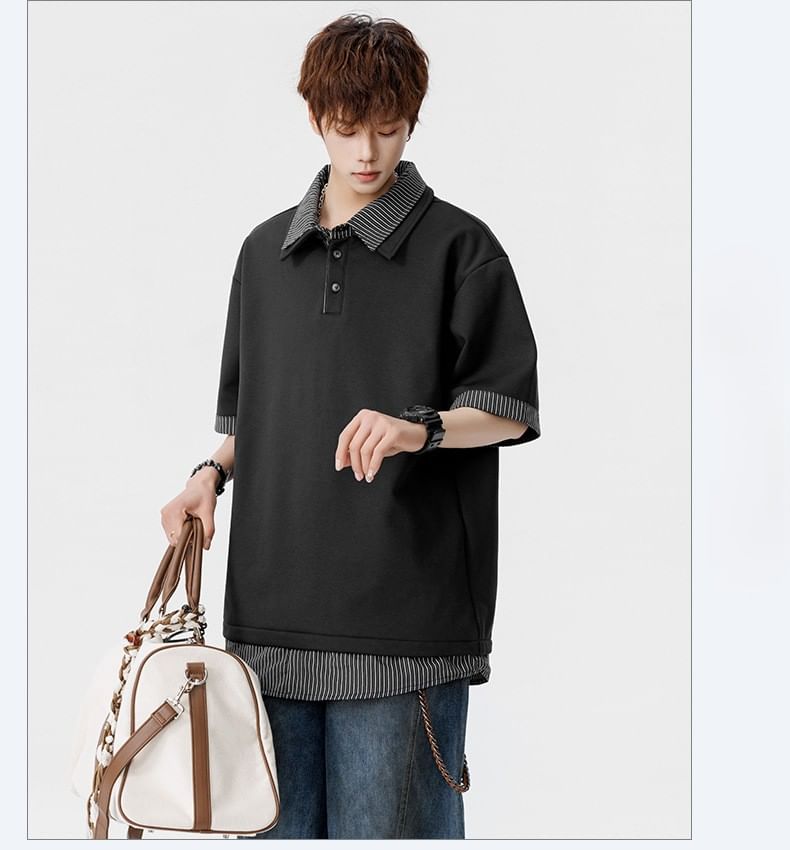 Mock Two-Piece Elbow-Sleeve Striped Panel Polo Shirt