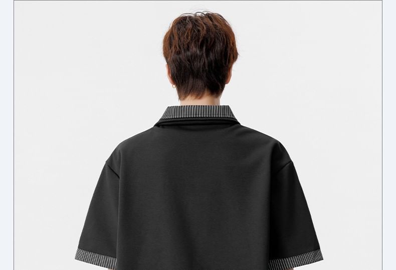 Mock Two-Piece Elbow-Sleeve Striped Panel Polo Shirt