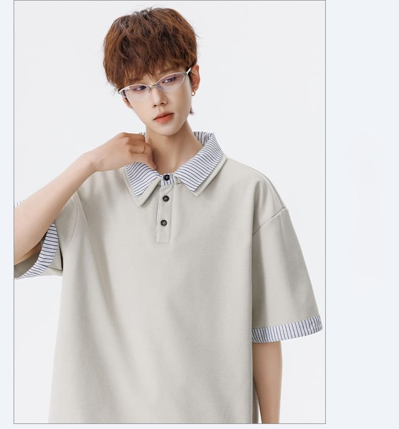Mock Two-Piece Elbow-Sleeve Striped Panel Polo Shirt
