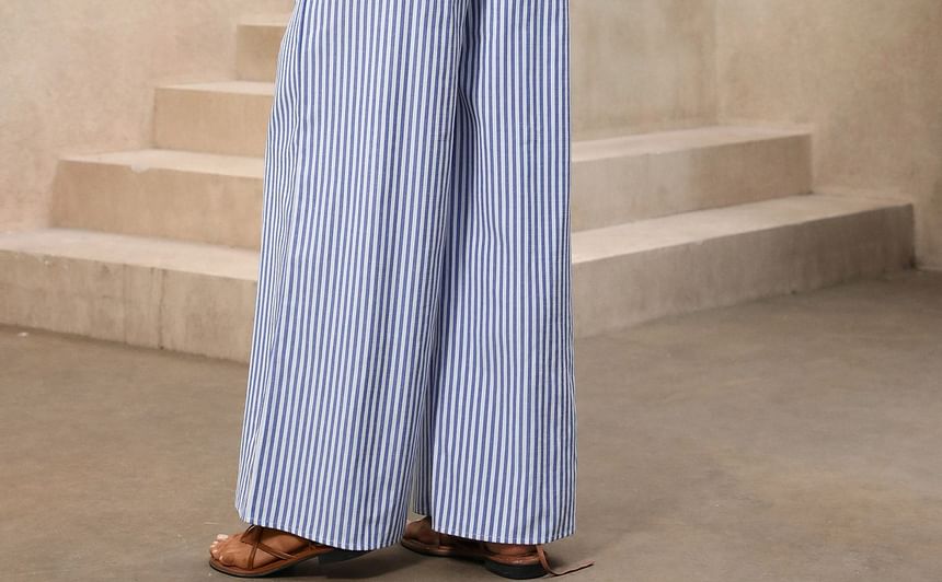 Sleeveless  V-Neck Twisted Striped Open-Back Wide-Leg Jumpsuit