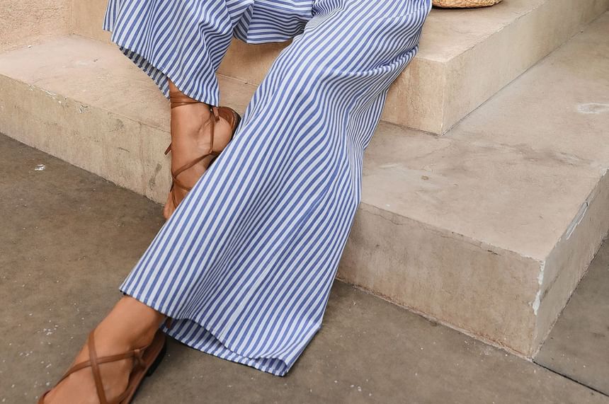 Sleeveless  V-Neck Twisted Striped Open-Back Wide-Leg Jumpsuit