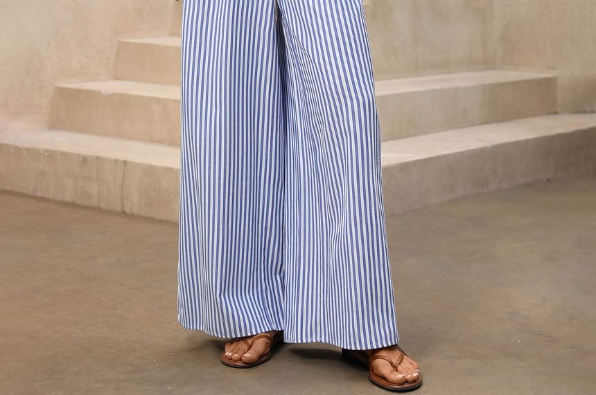 Sleeveless  V-Neck Twisted Striped Open-Back Wide-Leg Jumpsuit