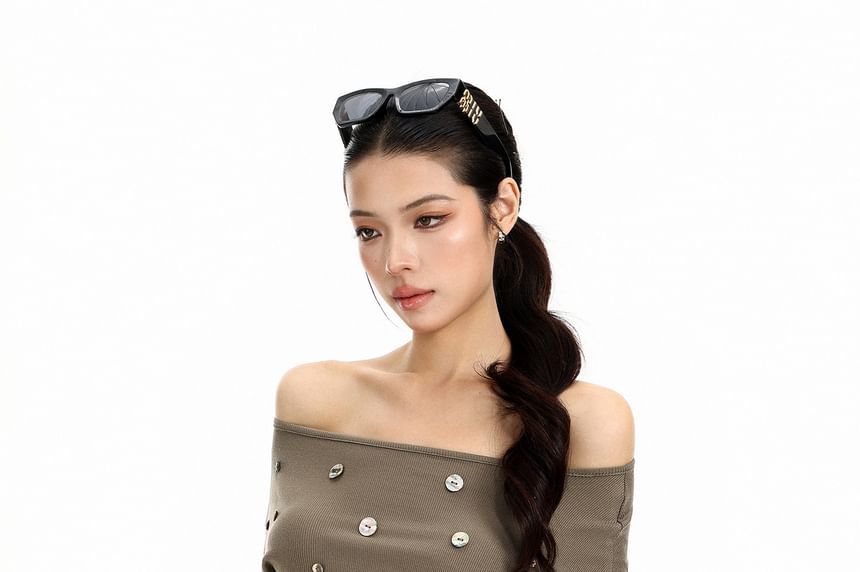 Elbow Sleeve Off Shoulder Plain Button Embellished Top