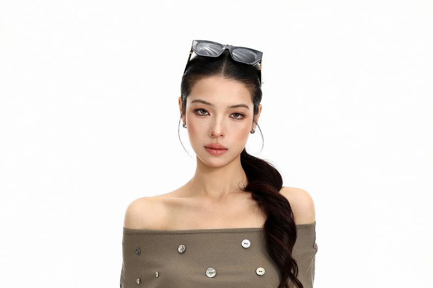 Elbow Sleeve Off Shoulder Plain Button Embellished Top