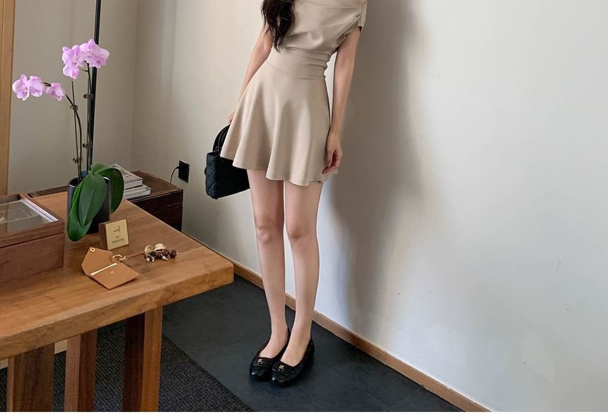 Short-Sleeve Off Shoulder Plain Mini A-Line Dress