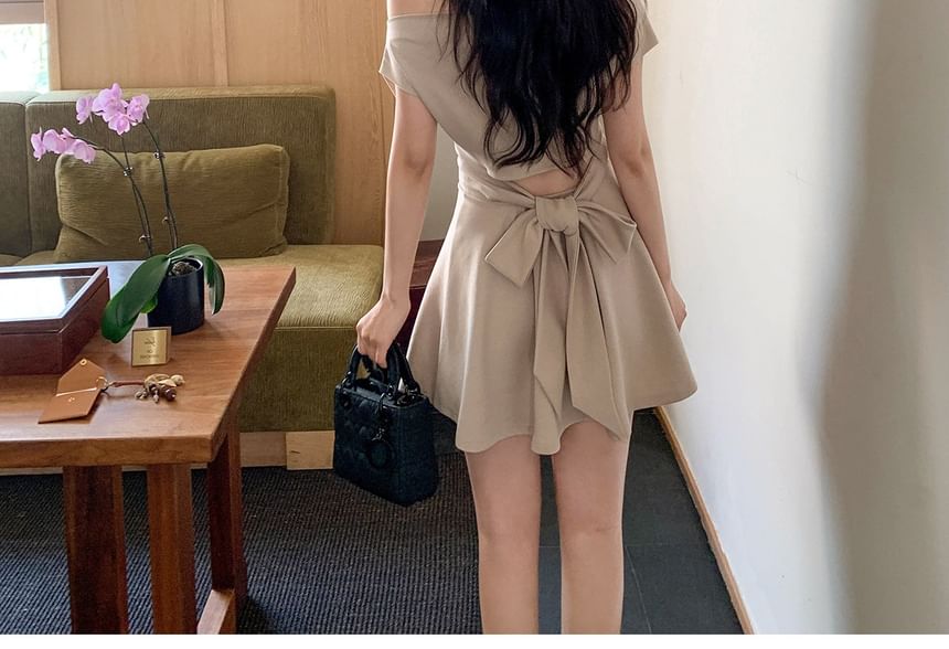 Short-Sleeve Off Shoulder Plain Mini A-Line Dress