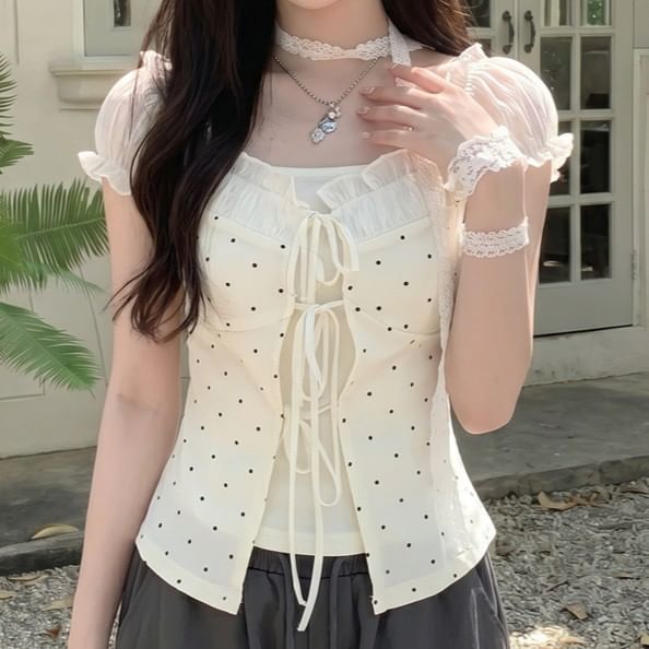 Cap Sleeve Dotted Ruffle Mock Two Piece Tie Front Top
