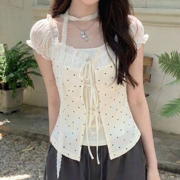 Cap Sleeve Dotted Ruffle Mock Two Piece Tie Front Top