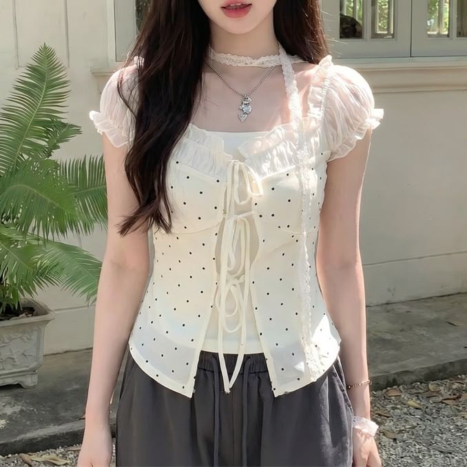 Cap Sleeve Dotted Ruffle Mock Two Piece Tie Front Top