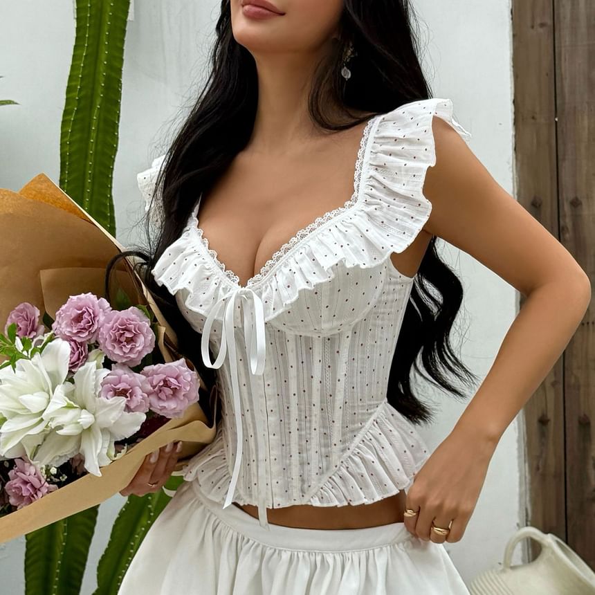 Short-Sleeve Off Shoulder Lace Trim Dotted Crop Corset Top