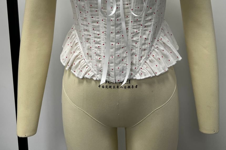 Short-Sleeve Off Shoulder Lace Trim Dotted Crop Corset Top