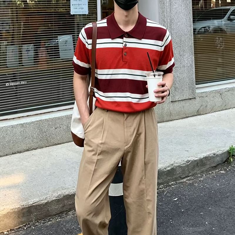 Short-Sleeve Striped Knit Polo Shirt