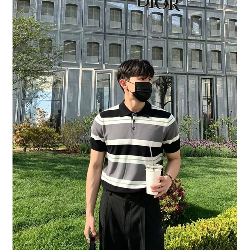 Short-Sleeve Striped Knit Polo Shirt