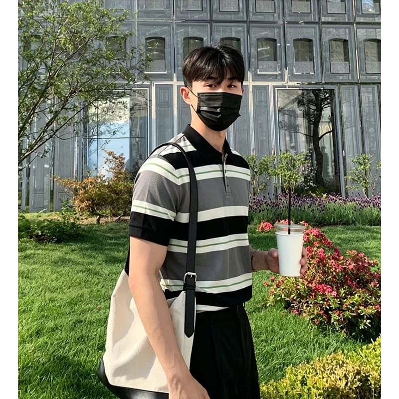Short-Sleeve Striped Knit Polo Shirt