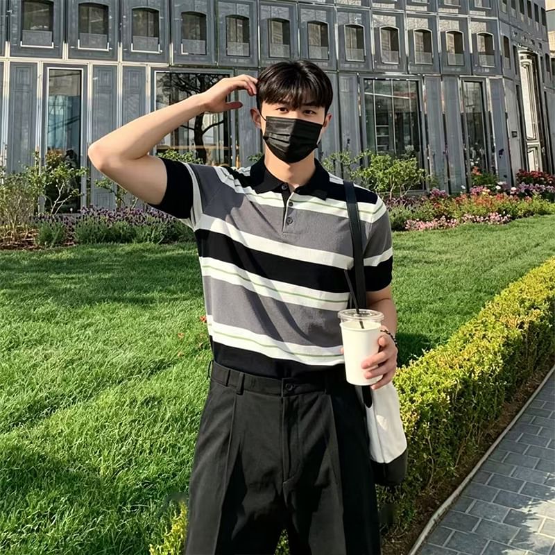 Short-Sleeve Striped Knit Polo Shirt