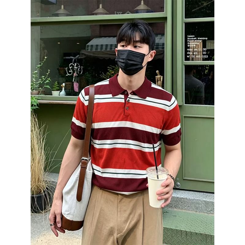 Short-Sleeve Striped Knit Polo Shirt