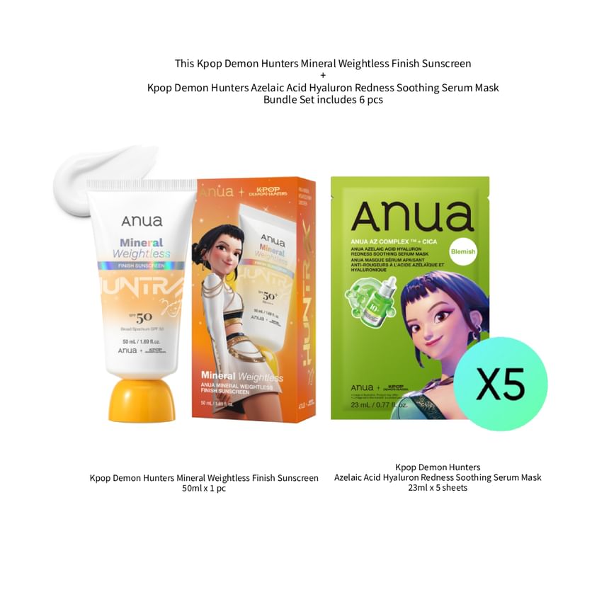 Bundle: Mineral Weightless Finish Sunscreen Kpop Demon Hunters Collaboration + Azelaic Acid Hyaluron Redness Soothing Serum Mask Kpop Demon Hunters Collaboration
