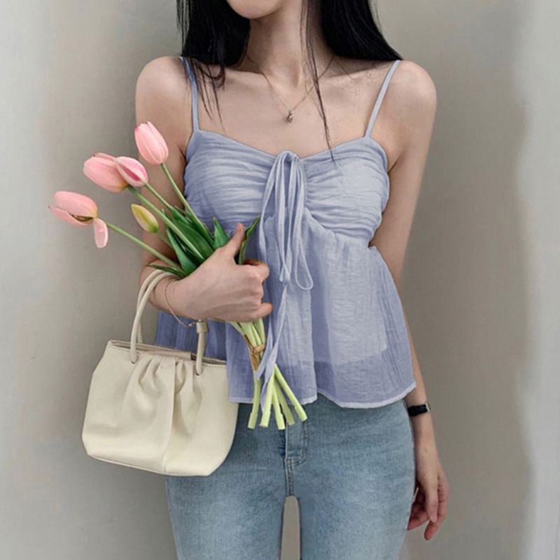 Spaghetti Strap Tie-Front Ruched See-Through Mesh Crop Cami Top