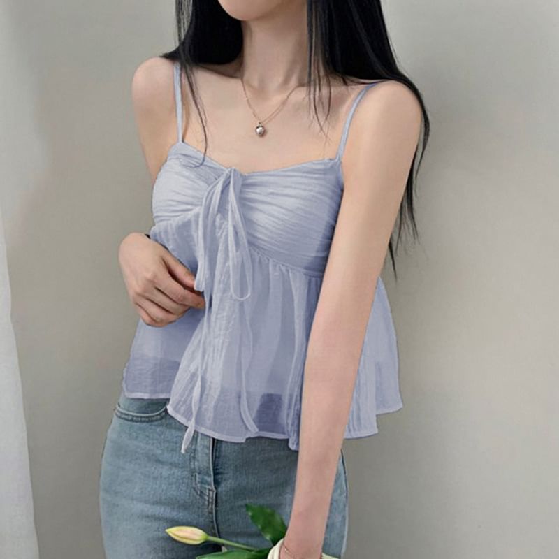 Spaghetti Strap Tie-Front Ruched See-Through Mesh Crop Cami Top