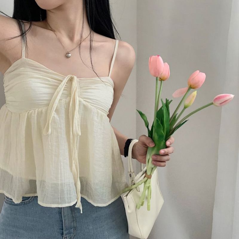 Spaghetti Strap Tie-Front Ruched See-Through Mesh Crop Cami Top