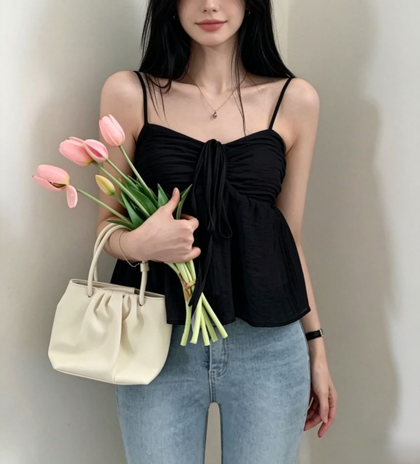 Spaghetti Strap Tie-Front Ruched See-Through Mesh Crop Cami Top