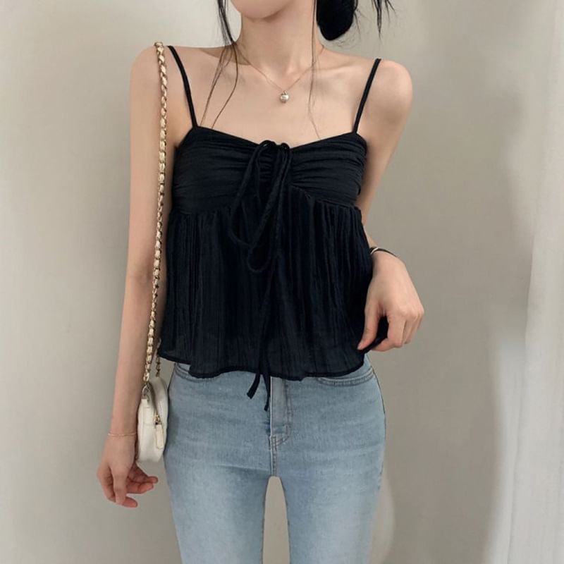 Spaghetti Strap Tie-Front Ruched See-Through Mesh Crop Cami Top