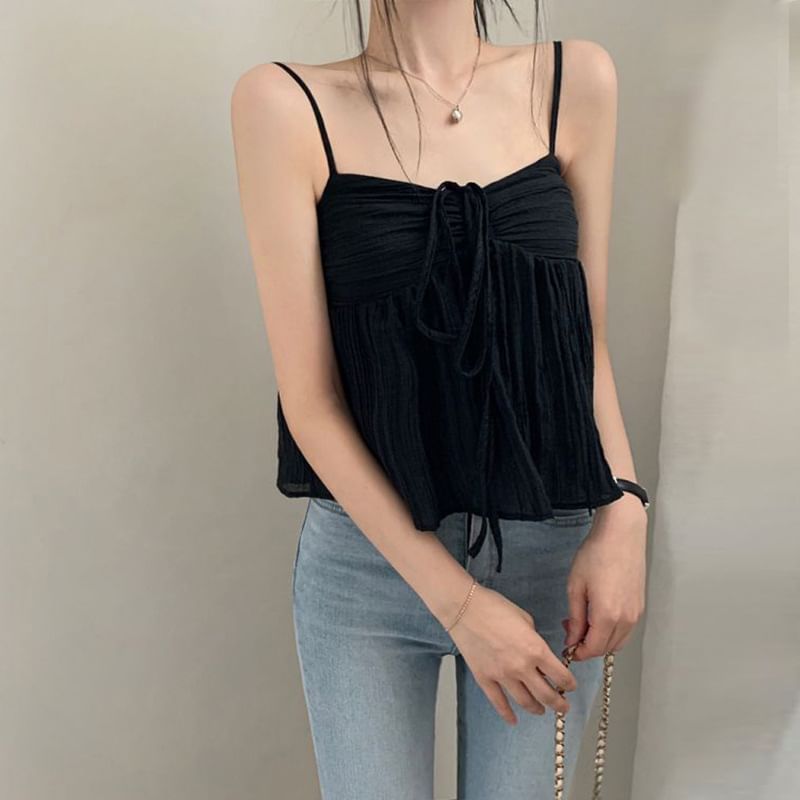 Spaghetti Strap Tie-Front Ruched See-Through Mesh Crop Cami Top