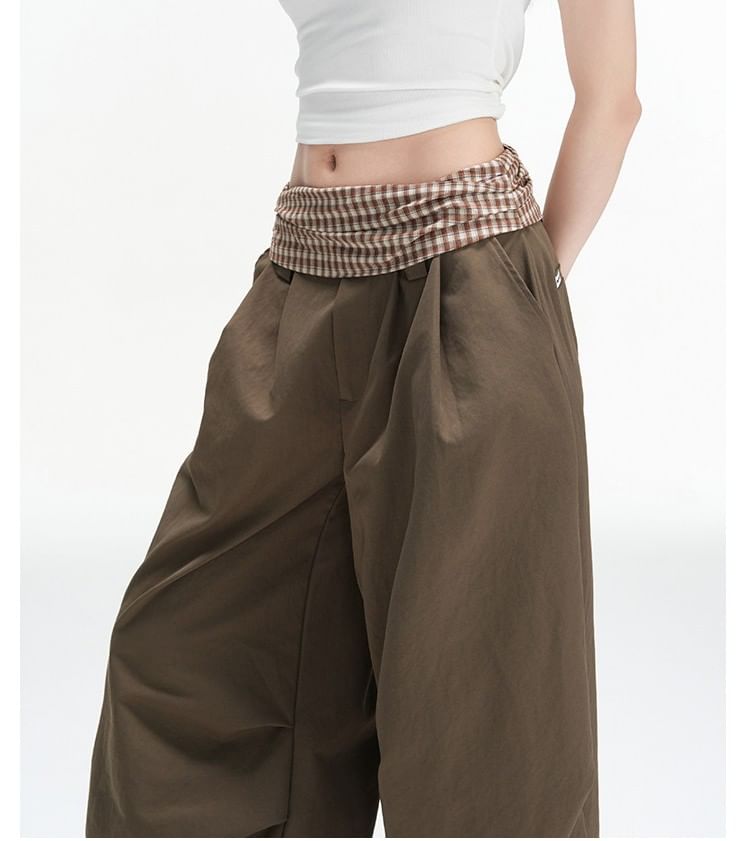 Mid Waist Plaid Panel Loose Fit Wide Leg Pants