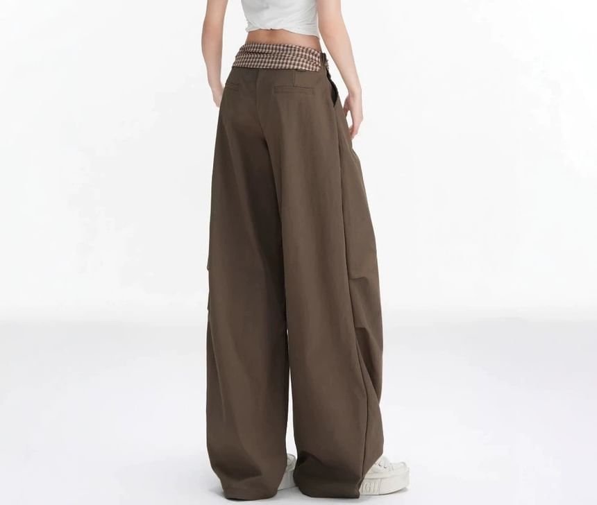 Mid Waist Plaid Panel Loose Fit Wide Leg Pants