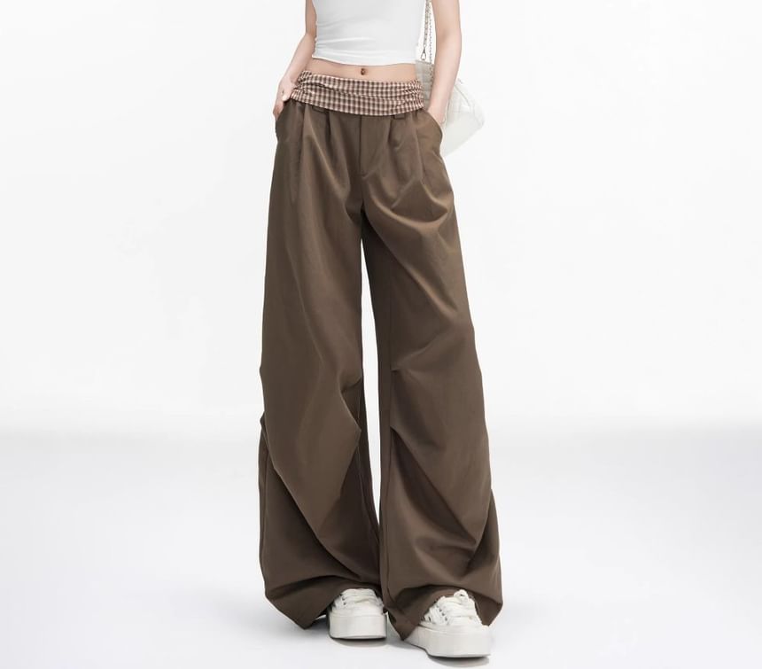 Mid Waist Plaid Panel Loose Fit Wide Leg Pants