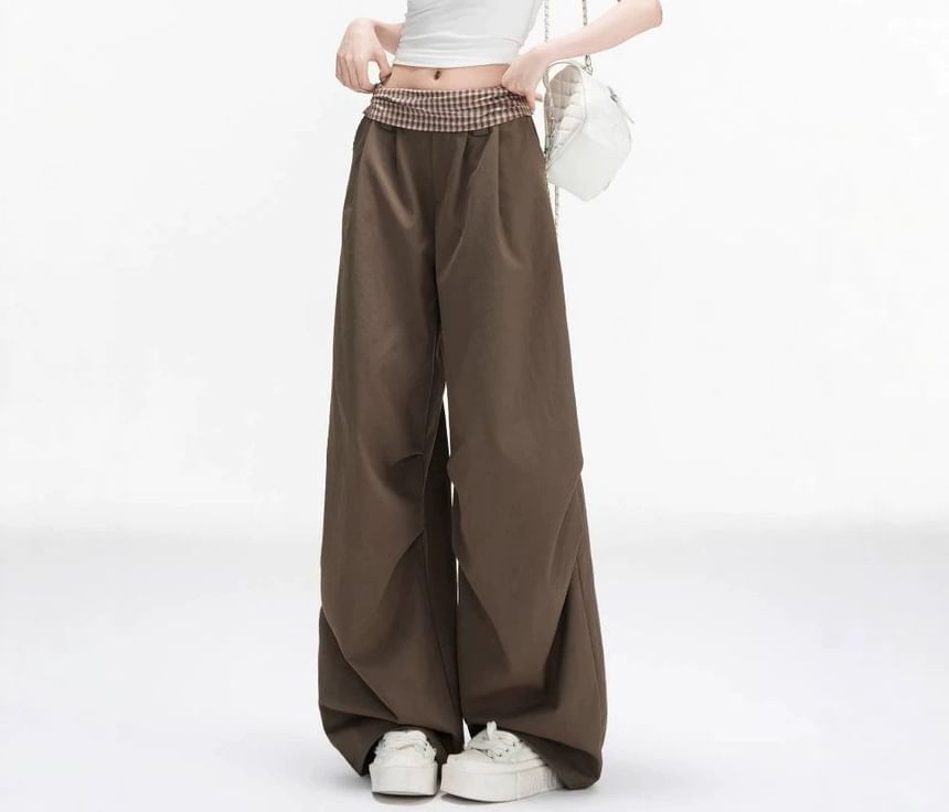 Mid Waist Plaid Panel Loose Fit Wide Leg Pants