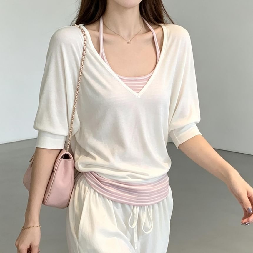 Set: Elbow-Sleeve V-Neck Plain T-Shirt + Striped Camisole Top
