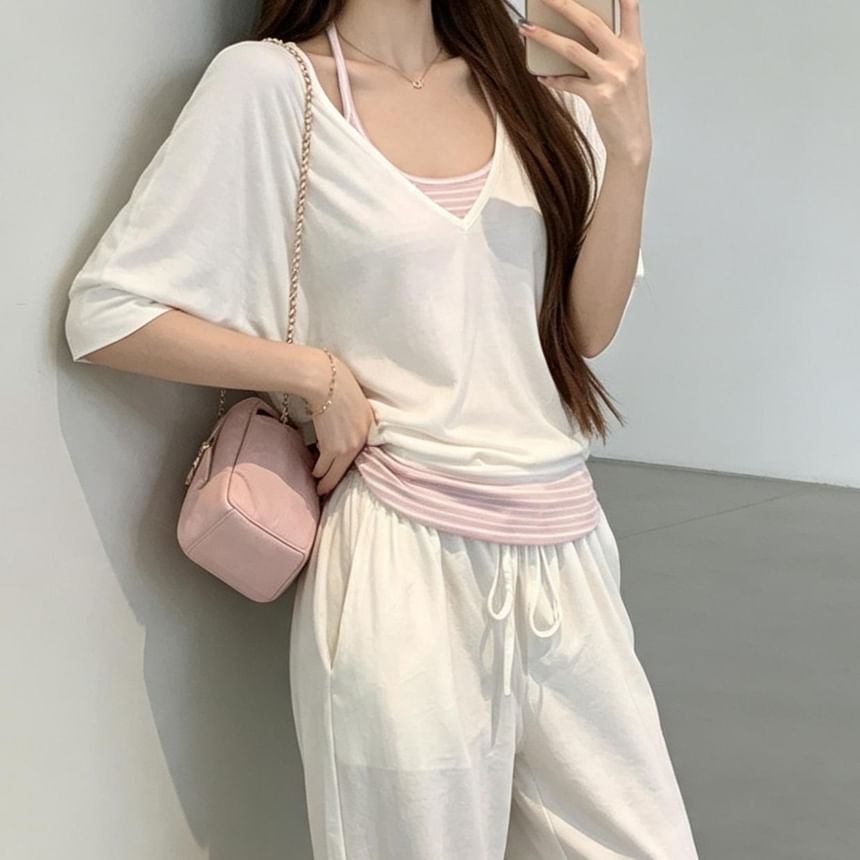 Set: Elbow-Sleeve V-Neck Plain T-Shirt + Striped Camisole Top