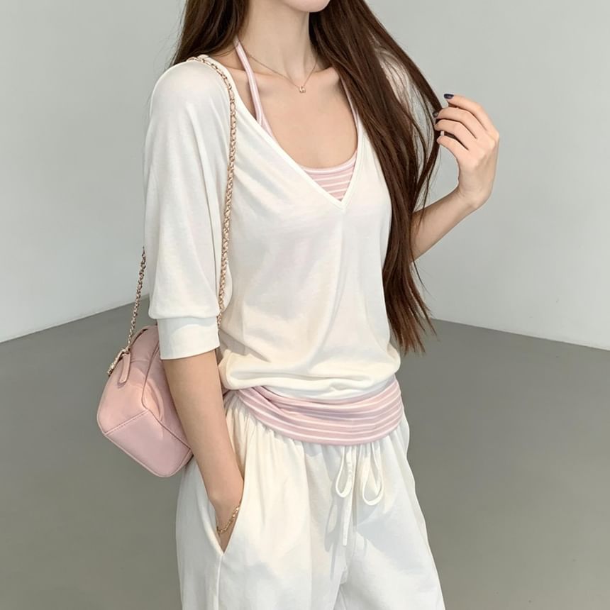 Set: Elbow-Sleeve V-Neck Plain T-Shirt + Striped Camisole Top