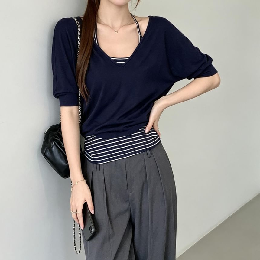 Set: Elbow-Sleeve V-Neck Plain T-Shirt + Striped Camisole Top