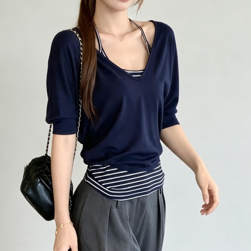 Set: Elbow-Sleeve V-Neck Plain T-Shirt + Striped Camisole Top