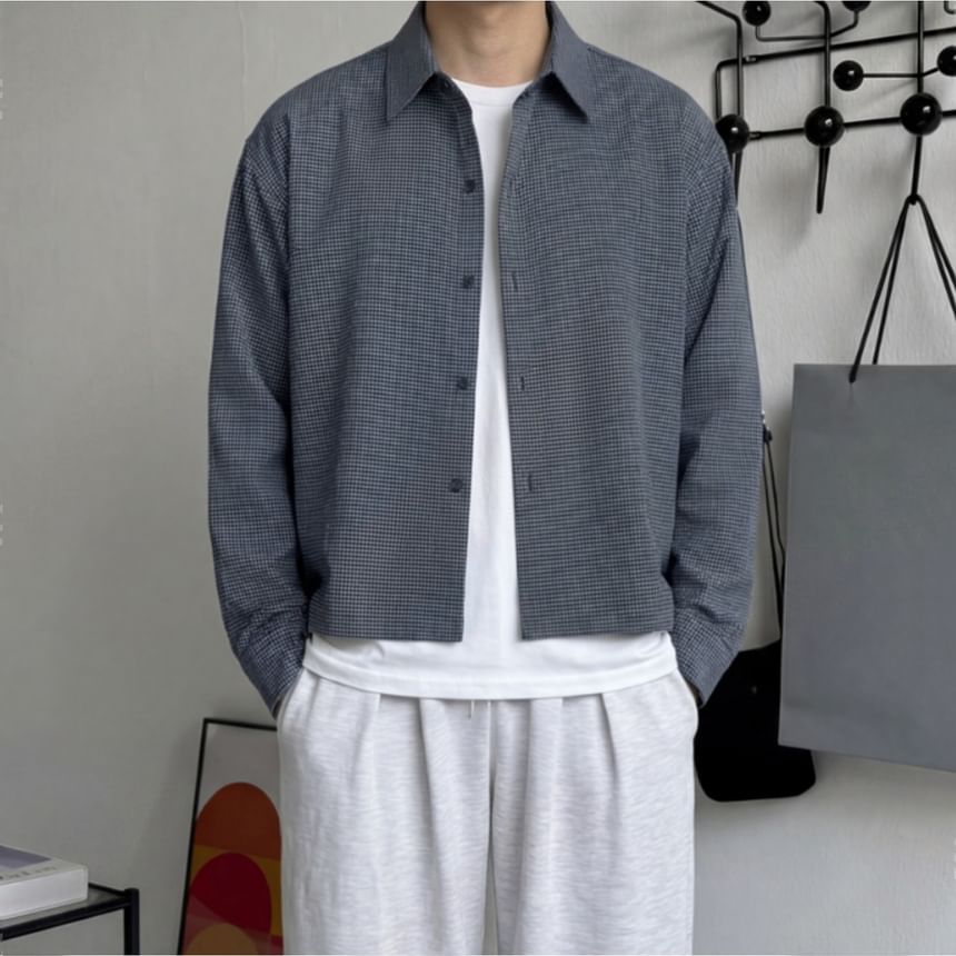 Microplaid Button-Up Crop Shacket