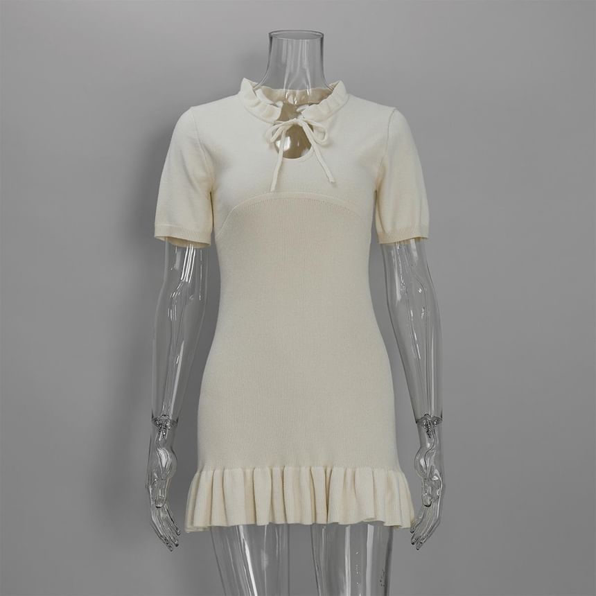 Short Sleeve Round Neck Keyhole Cutout Plain Ribbed Knit Mini Dress