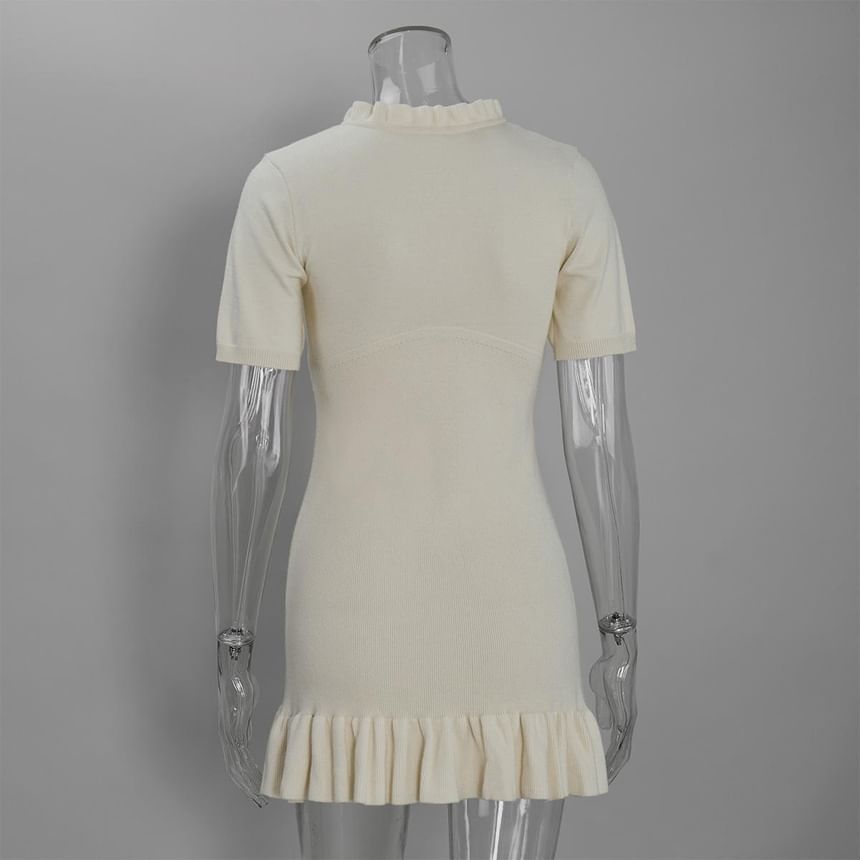 Short Sleeve Round Neck Keyhole Cutout Plain Ribbed Knit Mini Dress