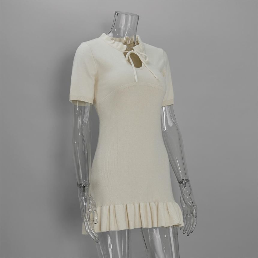 Short Sleeve Round Neck Keyhole Cutout Plain Ribbed Knit Mini Dress