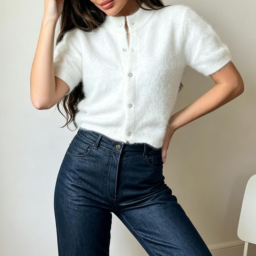 Puff Short-Sleeve Mock Neck Plain Fluffy Button Up Knit Top